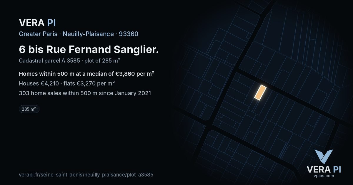 6 bis Rue Fernand Sanglier, Neuilly-Plaisance at night – the plot lit, the parcels around coloured by the prices near them