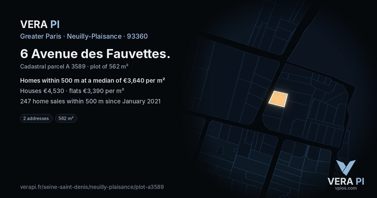 6 Avenue des Fauvettes, Neuilly-Plaisance at night – the plot lit, the parcels around coloured by the prices near them