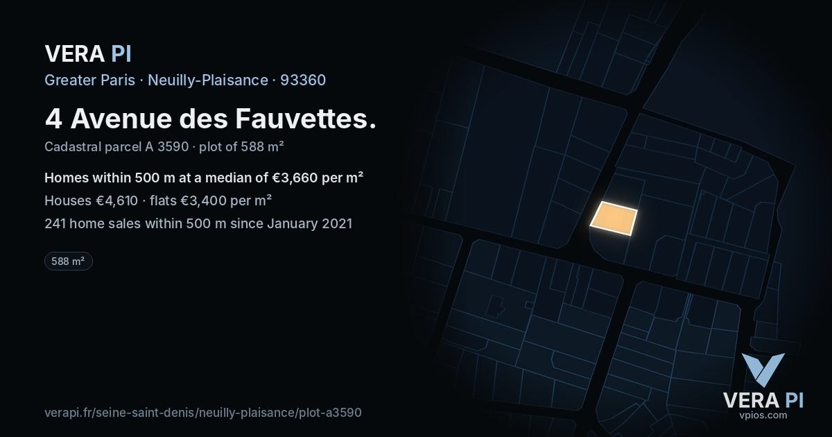 4 Avenue des Fauvettes, Neuilly-Plaisance at night – the plot lit, the parcels around coloured by the prices near them