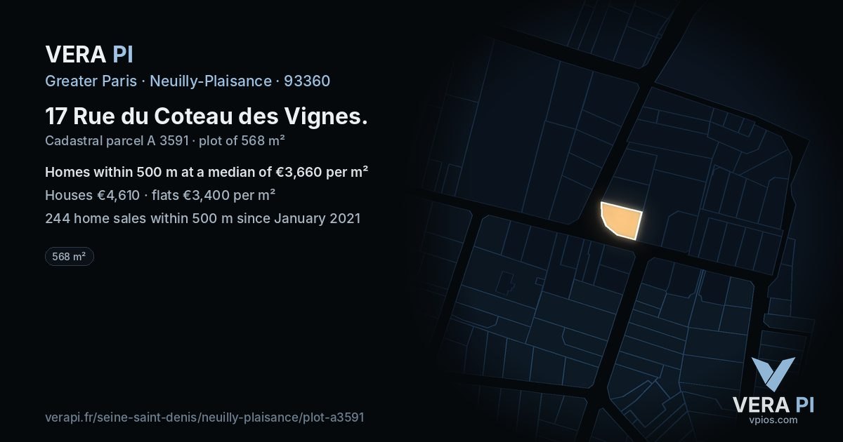 17 Rue du Coteau des Vignes, Neuilly-Plaisance at night – the plot lit, the parcels around coloured by the prices near them