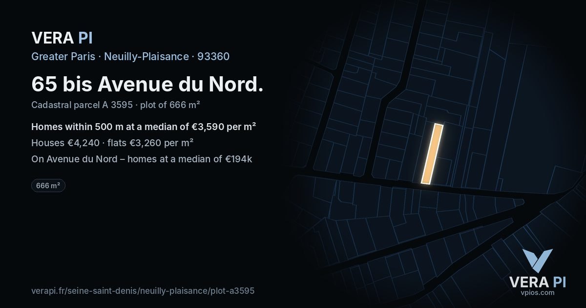 65 bis Avenue du Nord, Neuilly-Plaisance at night – the plot lit, the parcels around coloured by the prices near them