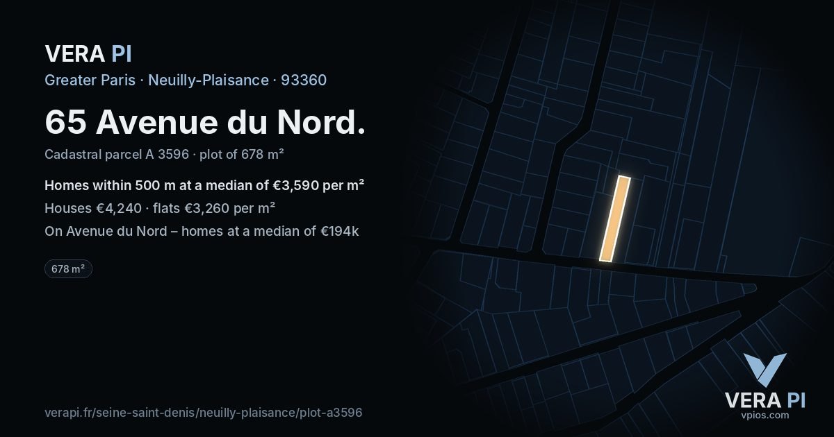 65 Avenue du Nord, Neuilly-Plaisance at night – the plot lit, the parcels around coloured by the prices near them