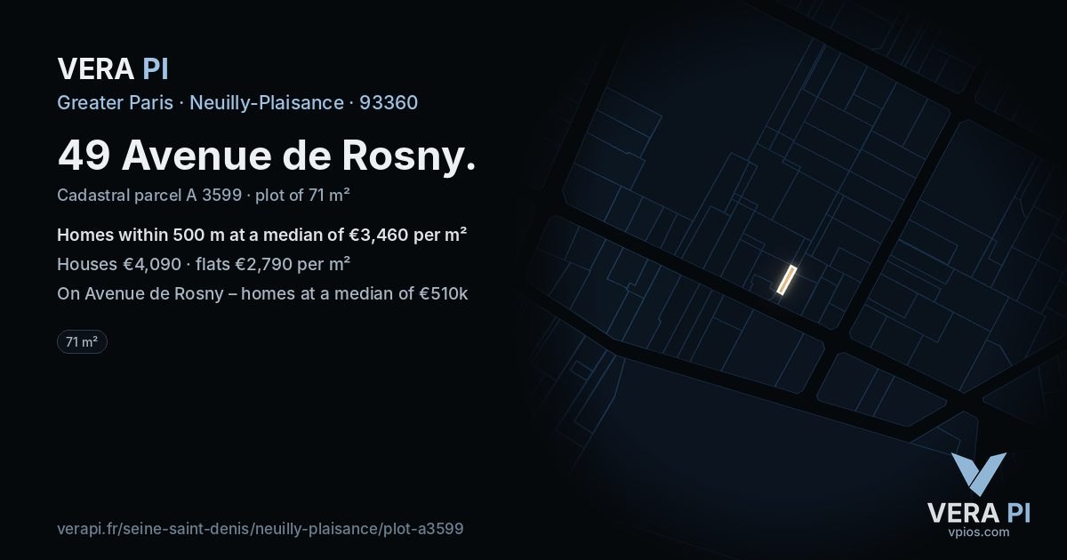 49 Avenue de Rosny, Neuilly-Plaisance at night – the plot lit, the parcels around coloured by the prices near them