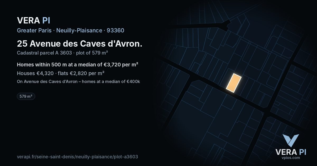 25 Avenue des Caves d'Avron, Neuilly-Plaisance at night – the plot lit, the parcels around coloured by the prices near them