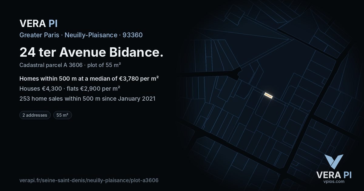 24 ter Avenue Bidance, Neuilly-Plaisance at night – the plot lit, the parcels around coloured by the prices near them