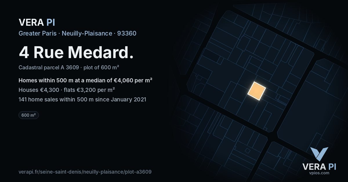 4 Rue Medard, Neuilly-Plaisance at night – the plot lit, the parcels around coloured by the prices near them