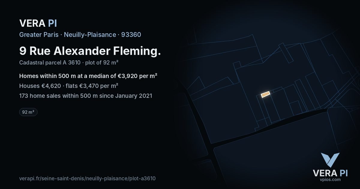 9 Rue Alexander Fleming, Neuilly-Plaisance at night – the plot lit, the parcels around coloured by the prices near them