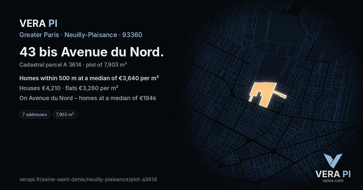 43 bis Avenue du Nord, Neuilly-Plaisance at night – the plot lit, the parcels around coloured by the prices near them