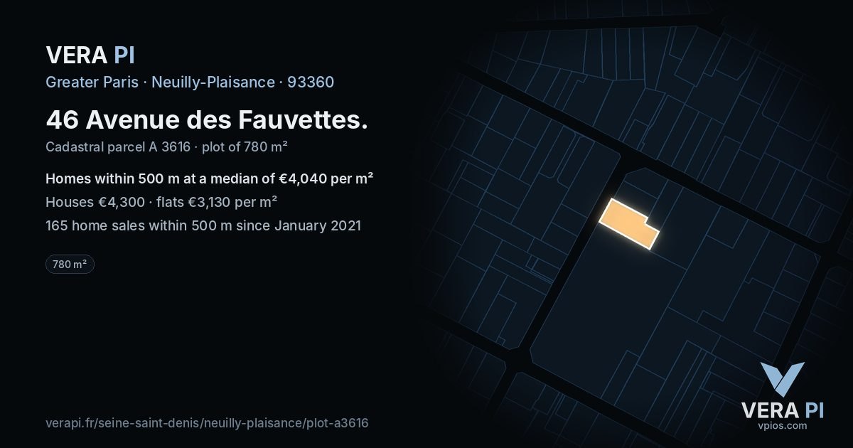 46 Avenue des Fauvettes, Neuilly-Plaisance at night – the plot lit, the parcels around coloured by the prices near them