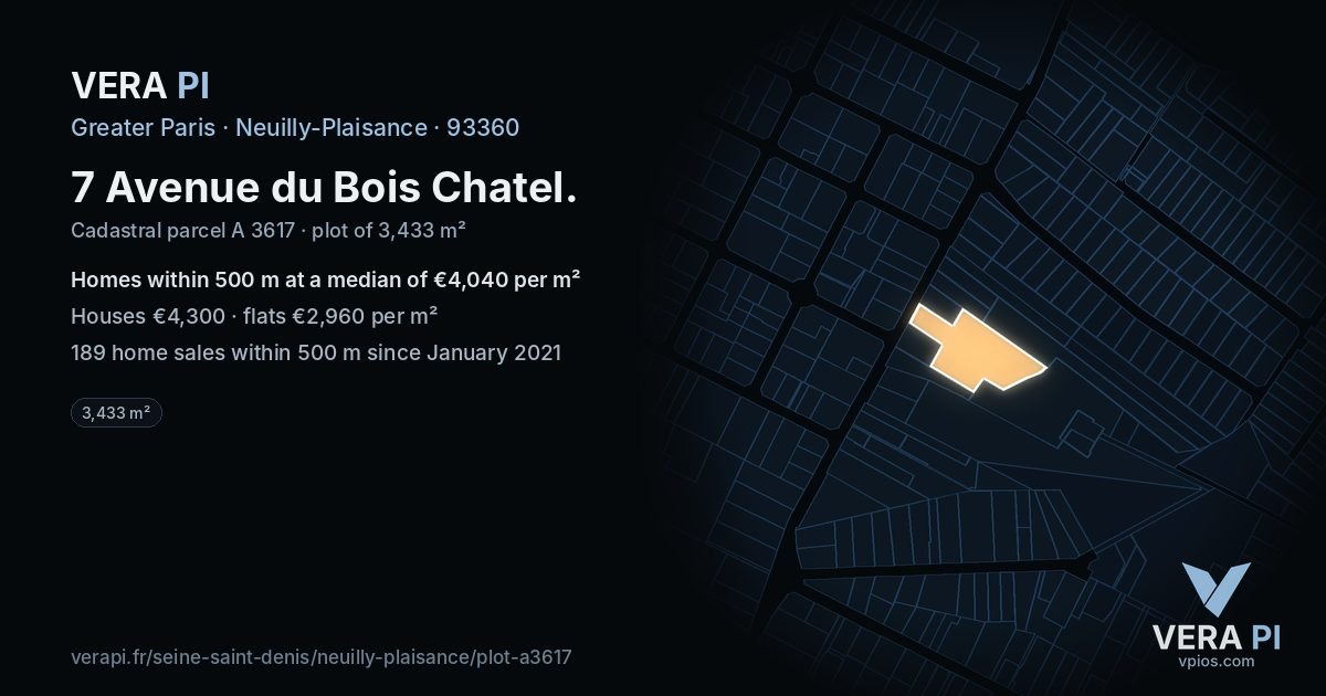 7 Avenue du Bois Chatel, Neuilly-Plaisance at night – the plot lit, the parcels around coloured by the prices near them