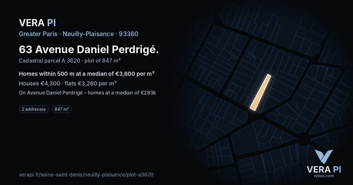 63 Avenue Daniel Perdrigé, Neuilly-Plaisance at night – the plot lit, the parcels around coloured by the prices near them