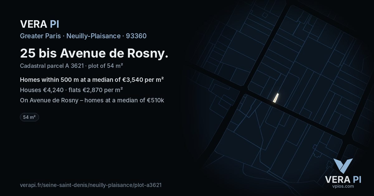 25 bis Avenue de Rosny, Neuilly-Plaisance at night – the plot lit, the parcels around coloured by the prices near them