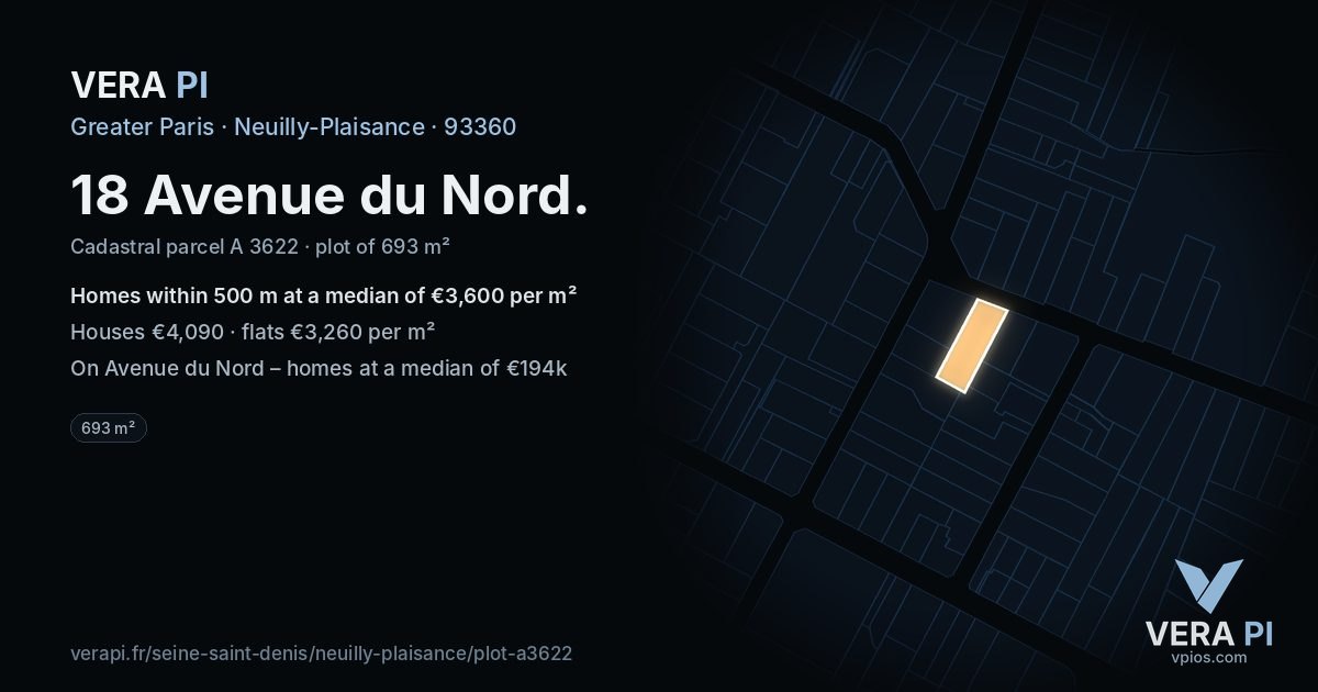 18 Avenue du Nord, Neuilly-Plaisance at night – the plot lit, the parcels around coloured by the prices near them