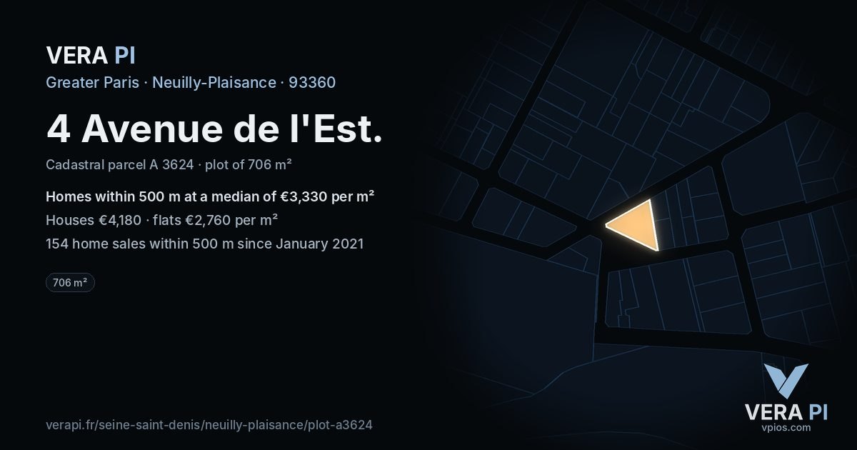 4 Avenue de l'Est, Neuilly-Plaisance at night – the plot lit, the parcels around coloured by the prices near them