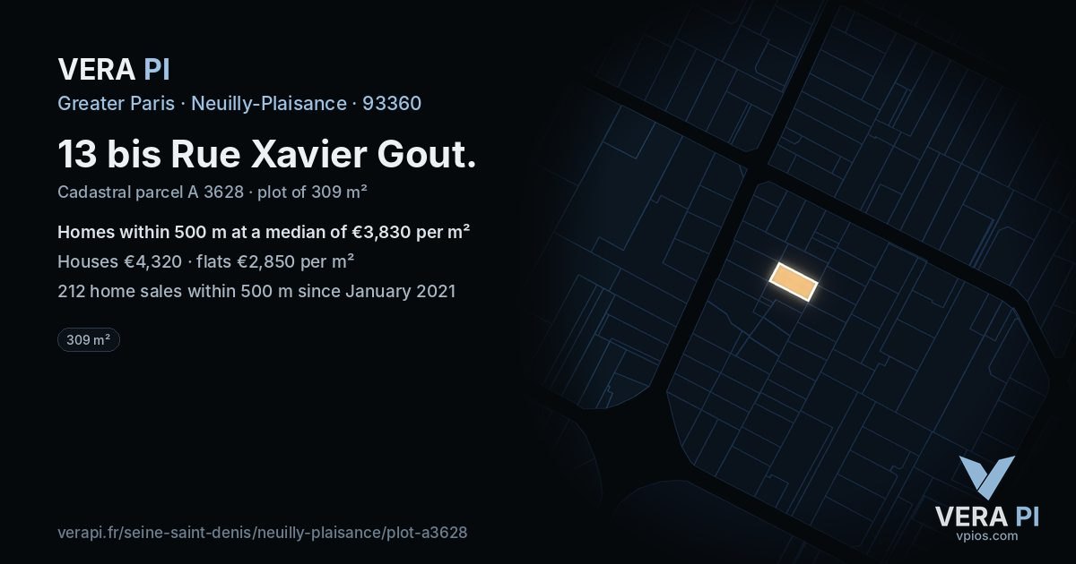 13 bis Rue Xavier Gout, Neuilly-Plaisance at night – the plot lit, the parcels around coloured by the prices near them