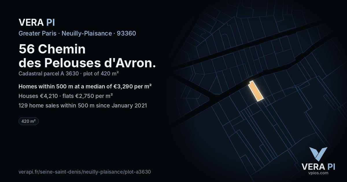 56 Chemin des Pelouses d'Avron, Neuilly-Plaisance at night – the plot lit, the parcels around coloured by the prices near them