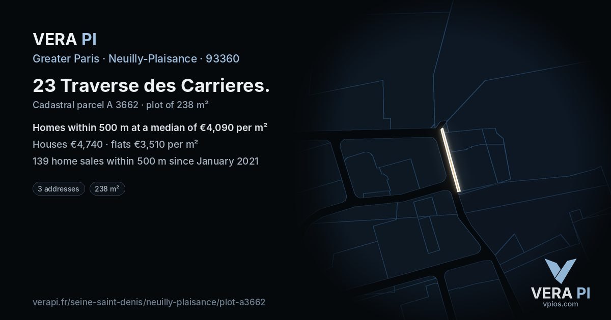 23 Traverse des Carrieres, Neuilly-Plaisance at night – the plot lit, the parcels around coloured by the prices near them
