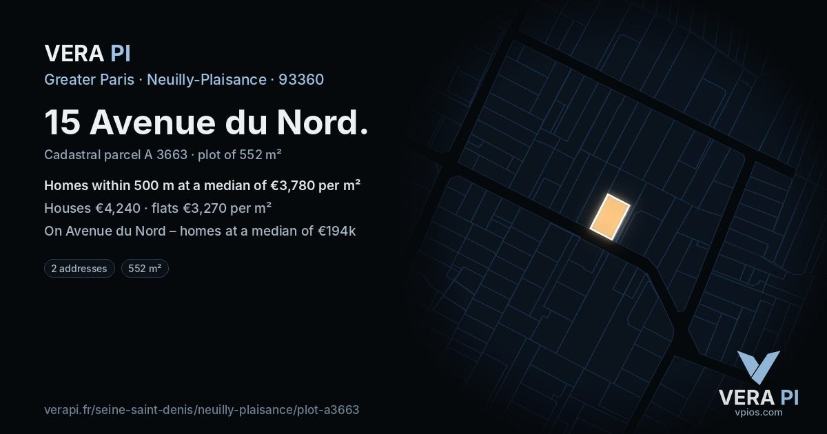 15 Avenue du Nord, Neuilly-Plaisance at night – the plot lit, the parcels around coloured by the prices near them