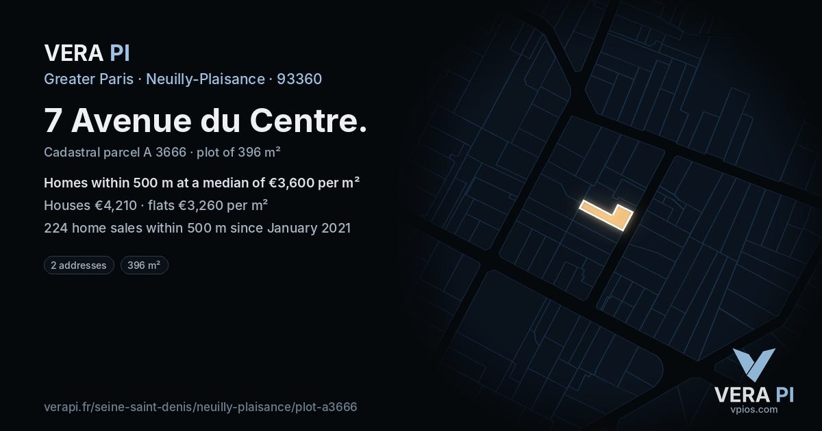 7 Avenue du Centre, Neuilly-Plaisance at night – the plot lit, the parcels around coloured by the prices near them