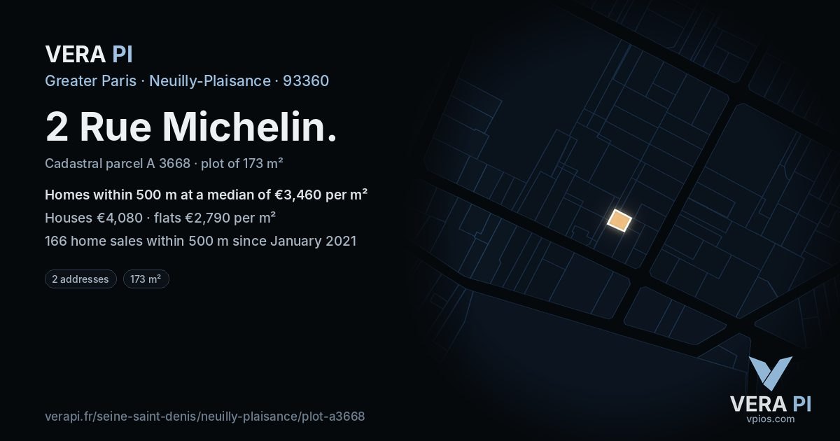 2 Rue Michelin, Neuilly-Plaisance at night – the plot lit, the parcels around coloured by the prices near them