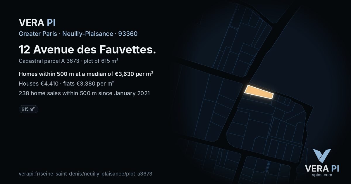 12 Avenue des Fauvettes, Neuilly-Plaisance at night – the plot lit, the parcels around coloured by the prices near them