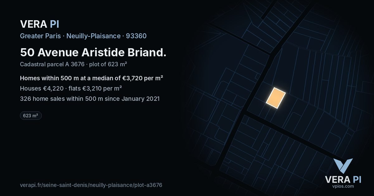 50 Avenue Aristide Briand, Neuilly-Plaisance at night – the plot lit, the parcels around coloured by the prices near them