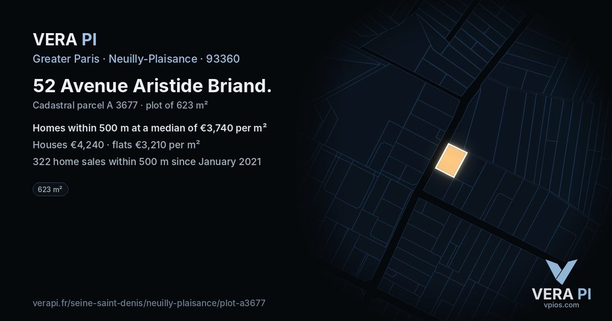 52 Avenue Aristide Briand, Neuilly-Plaisance at night – the plot lit, the parcels around coloured by the prices near them