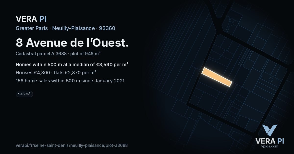 8 Avenue de l’Ouest, Neuilly-Plaisance at night – the plot lit, the parcels around coloured by the prices near them