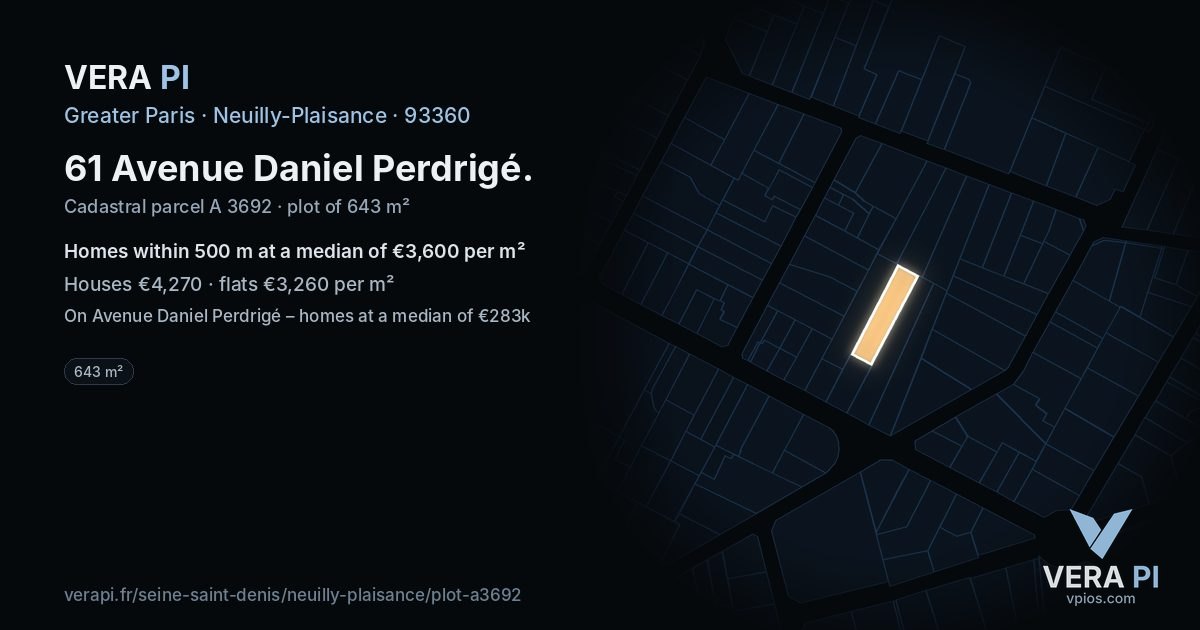 61 Avenue Daniel Perdrigé, Neuilly-Plaisance at night – the plot lit, the parcels around coloured by the prices near them