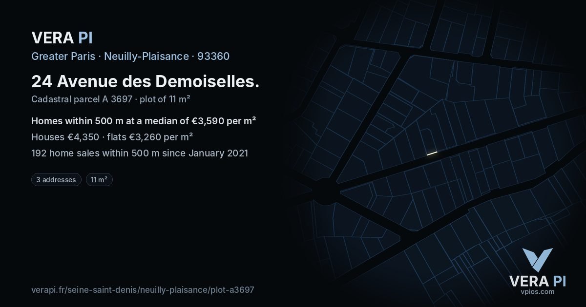 24 Avenue des Demoiselles, Neuilly-Plaisance at night – the plot lit, the parcels around coloured by the prices near them