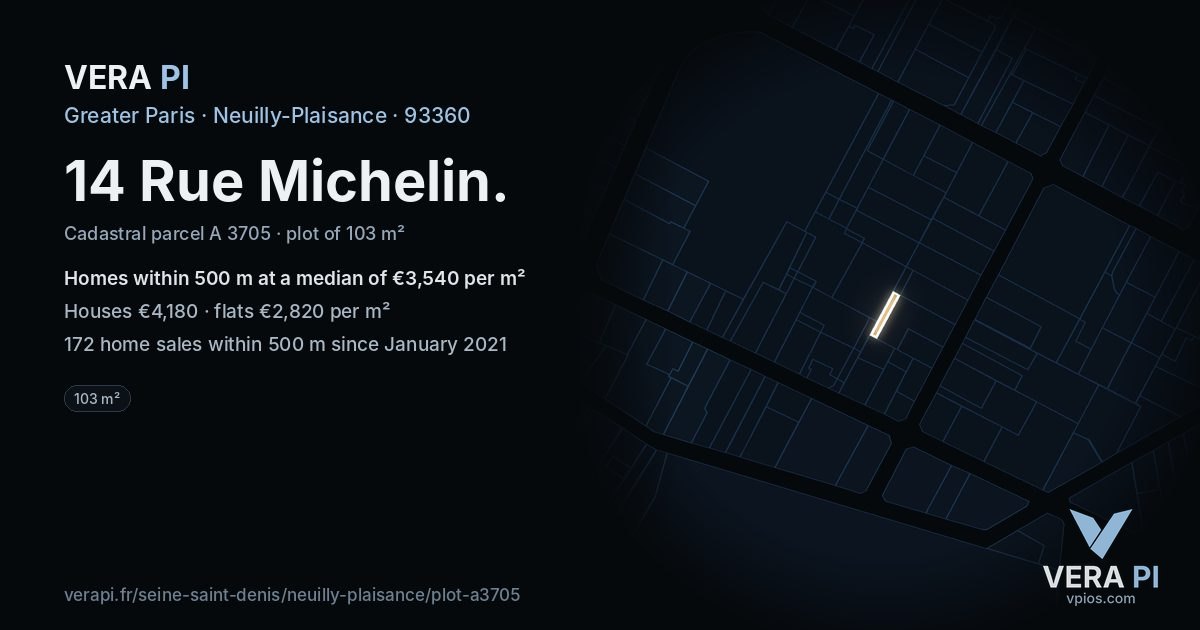 14 Rue Michelin, Neuilly-Plaisance at night – the plot lit, the parcels around coloured by the prices near them