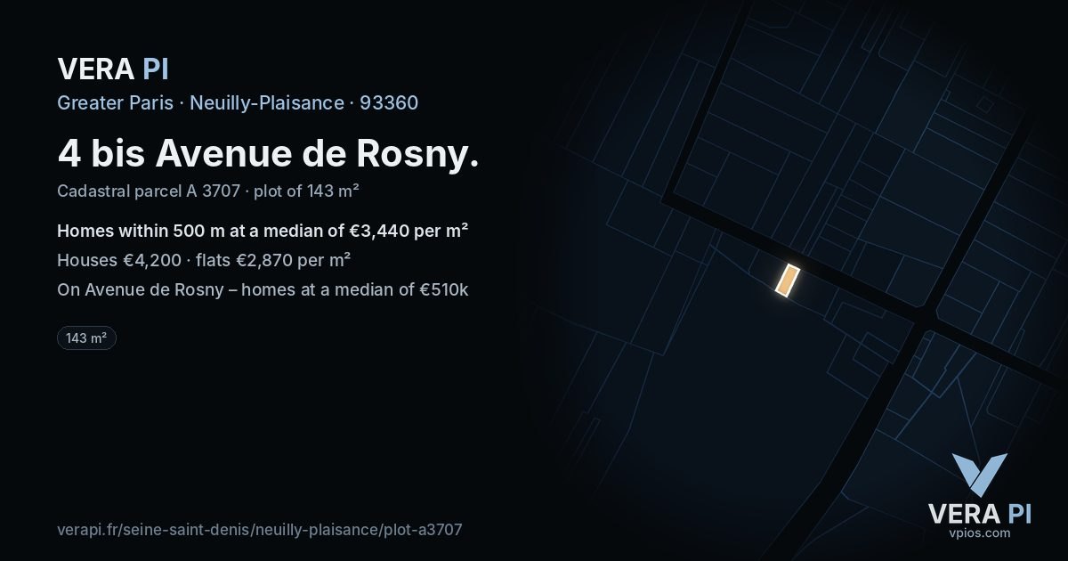 4 bis Avenue de Rosny, Neuilly-Plaisance at night – the plot lit, the parcels around coloured by the prices near them
