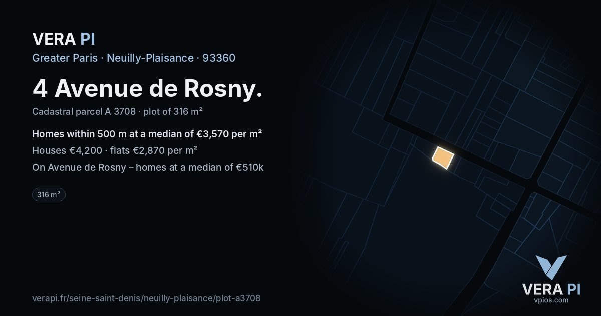 4 Avenue de Rosny, Neuilly-Plaisance at night – the plot lit, the parcels around coloured by the prices near them