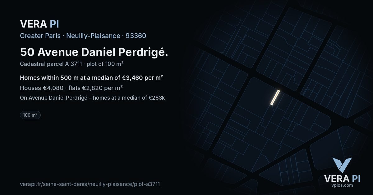 50 Avenue Daniel Perdrigé, Neuilly-Plaisance at night – the plot lit, the parcels around coloured by the prices near them