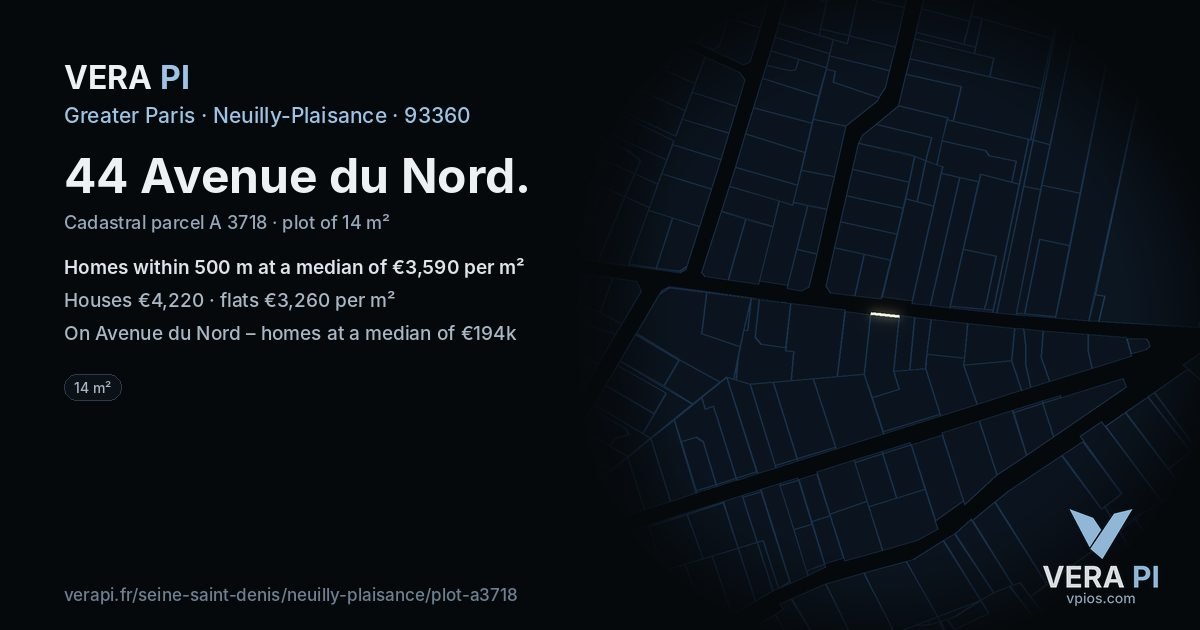 44 Avenue du Nord, Neuilly-Plaisance at night – the plot lit, the parcels around coloured by the prices near them
