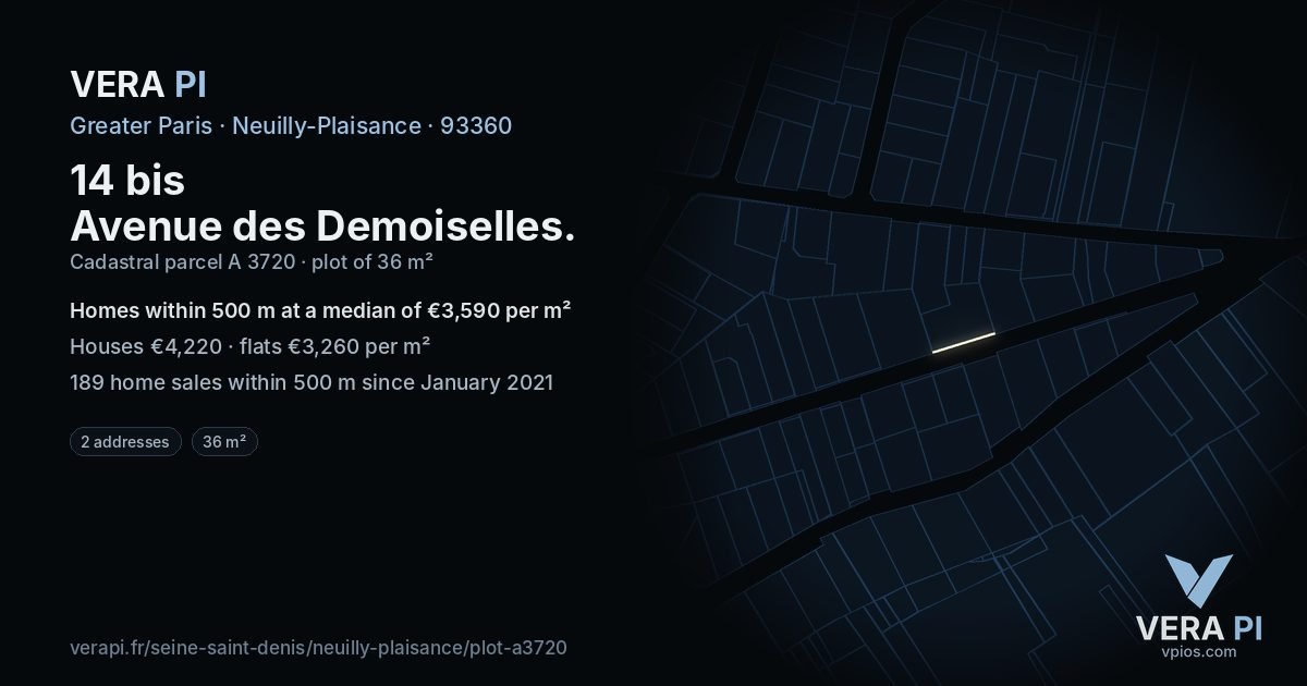 14 bis Avenue des Demoiselles, Neuilly-Plaisance at night – the plot lit, the parcels around coloured by the prices near them