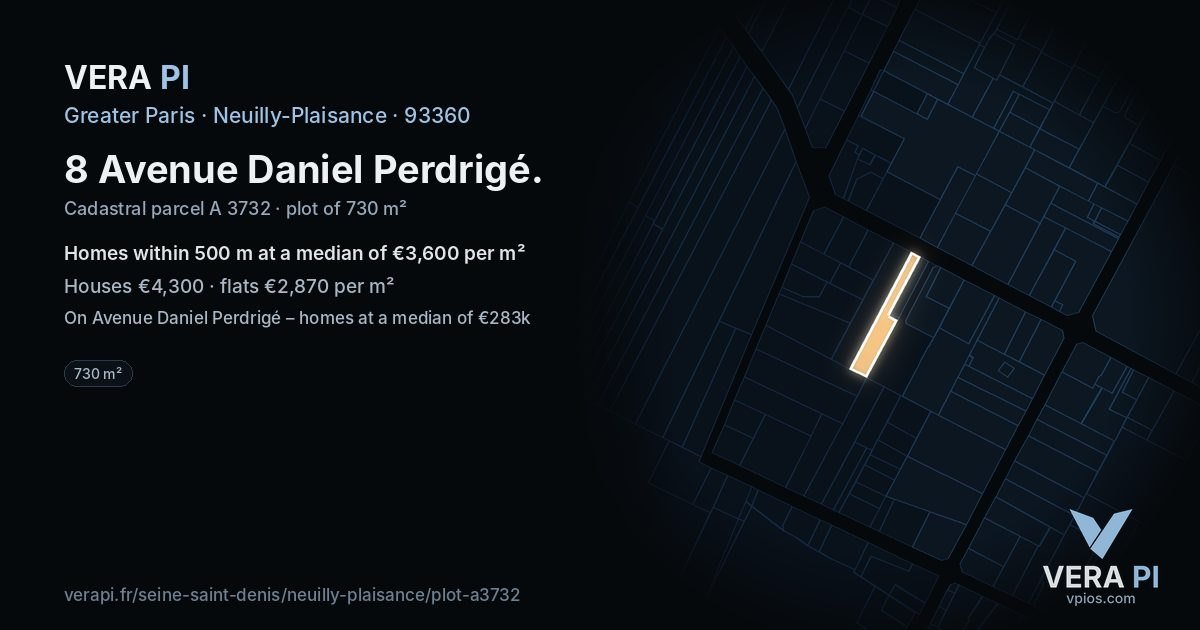 8 Avenue Daniel Perdrigé, Neuilly-Plaisance at night – the plot lit, the parcels around coloured by the prices near them