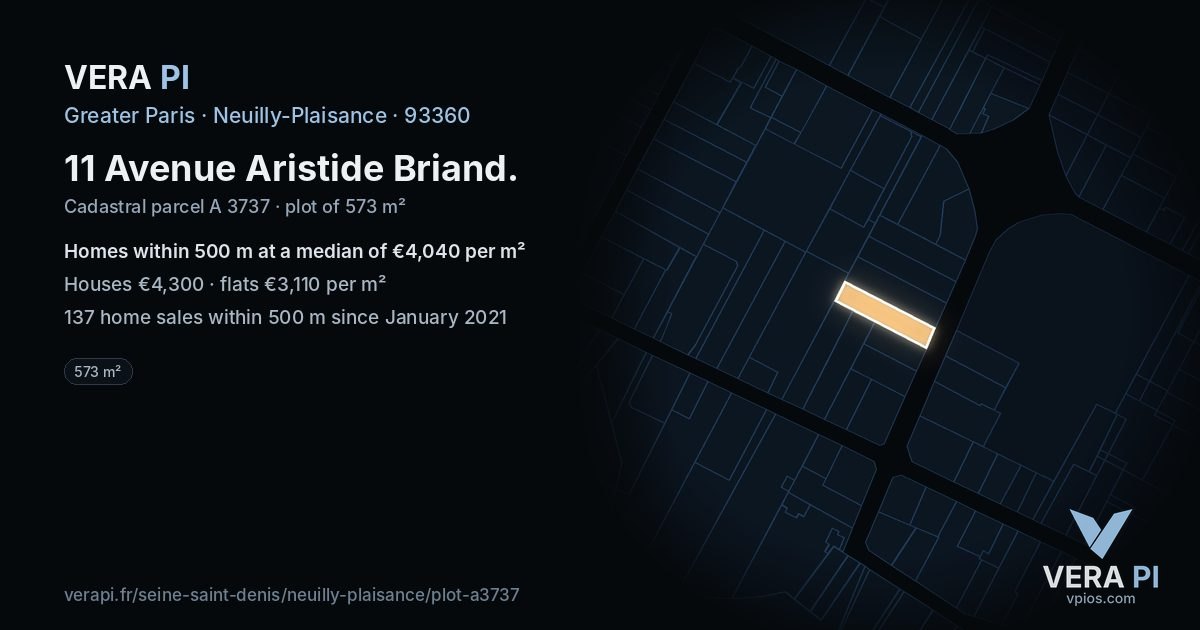 11 Avenue Aristide Briand, Neuilly-Plaisance at night – the plot lit, the parcels around coloured by the prices near them
