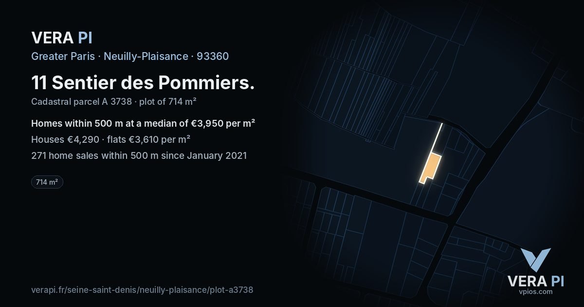 11 Sentier des Pommiers, Neuilly-Plaisance at night – the plot lit, the parcels around coloured by the prices near them
