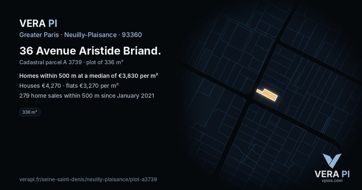 36 Avenue Aristide Briand, Neuilly-Plaisance at night – the plot lit, the parcels around coloured by the prices near them