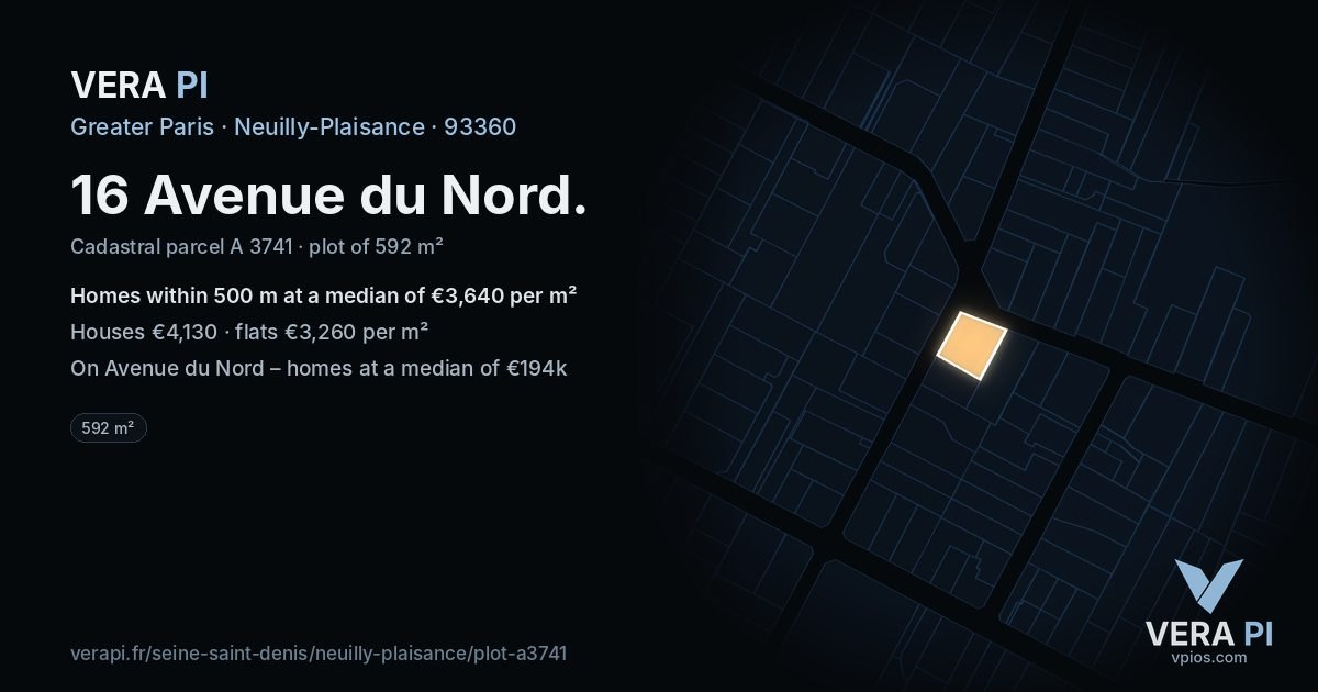 16 Avenue du Nord, Neuilly-Plaisance at night – the plot lit, the parcels around coloured by the prices near them