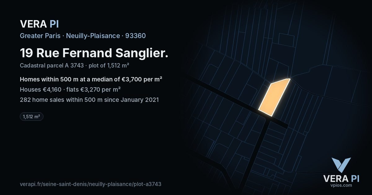 19 Rue Fernand Sanglier, Neuilly-Plaisance at night – the plot lit, the parcels around coloured by the prices near them