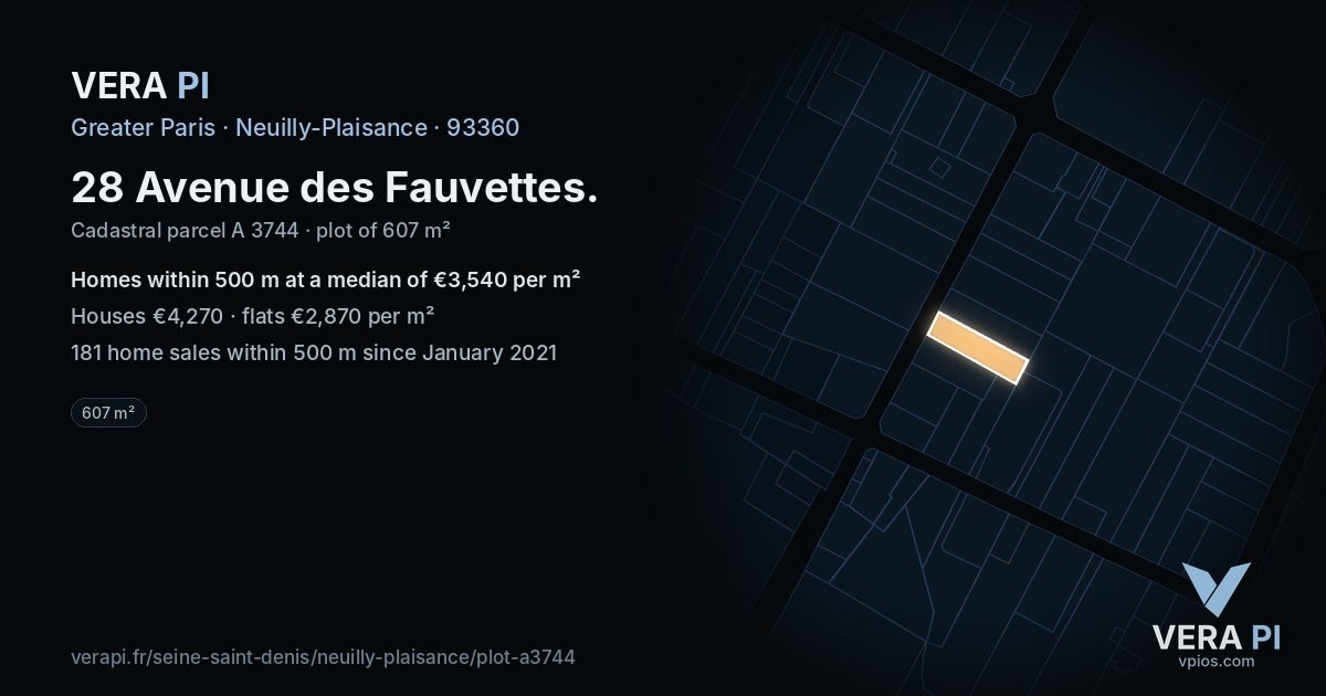 28 Avenue des Fauvettes, Neuilly-Plaisance at night – the plot lit, the parcels around coloured by the prices near them