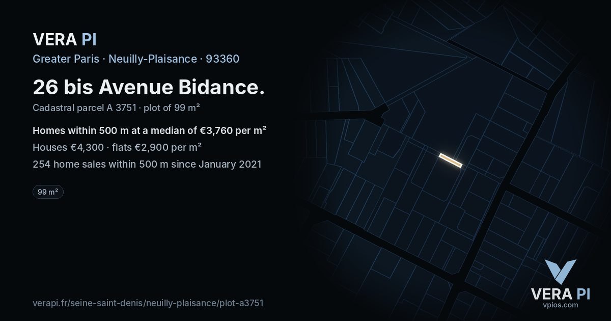 26 bis Avenue Bidance, Neuilly-Plaisance at night – the plot lit, the parcels around coloured by the prices near them