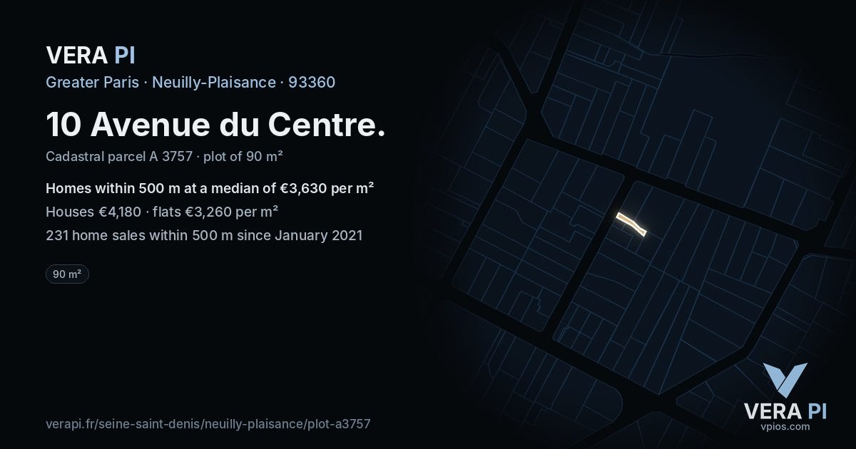 10 Avenue du Centre, Neuilly-Plaisance at night – the plot lit, the parcels around coloured by the prices near them