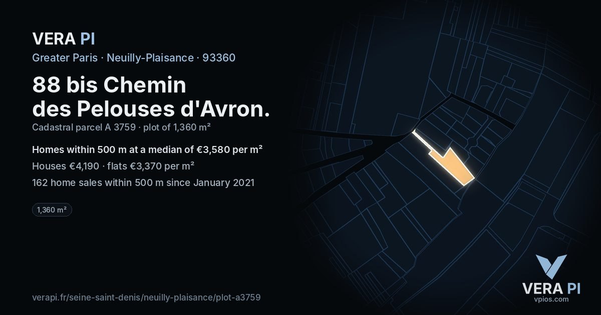 88 bis Chemin des Pelouses d'Avron, Neuilly-Plaisance at night – the plot lit, the parcels around coloured by the prices near them