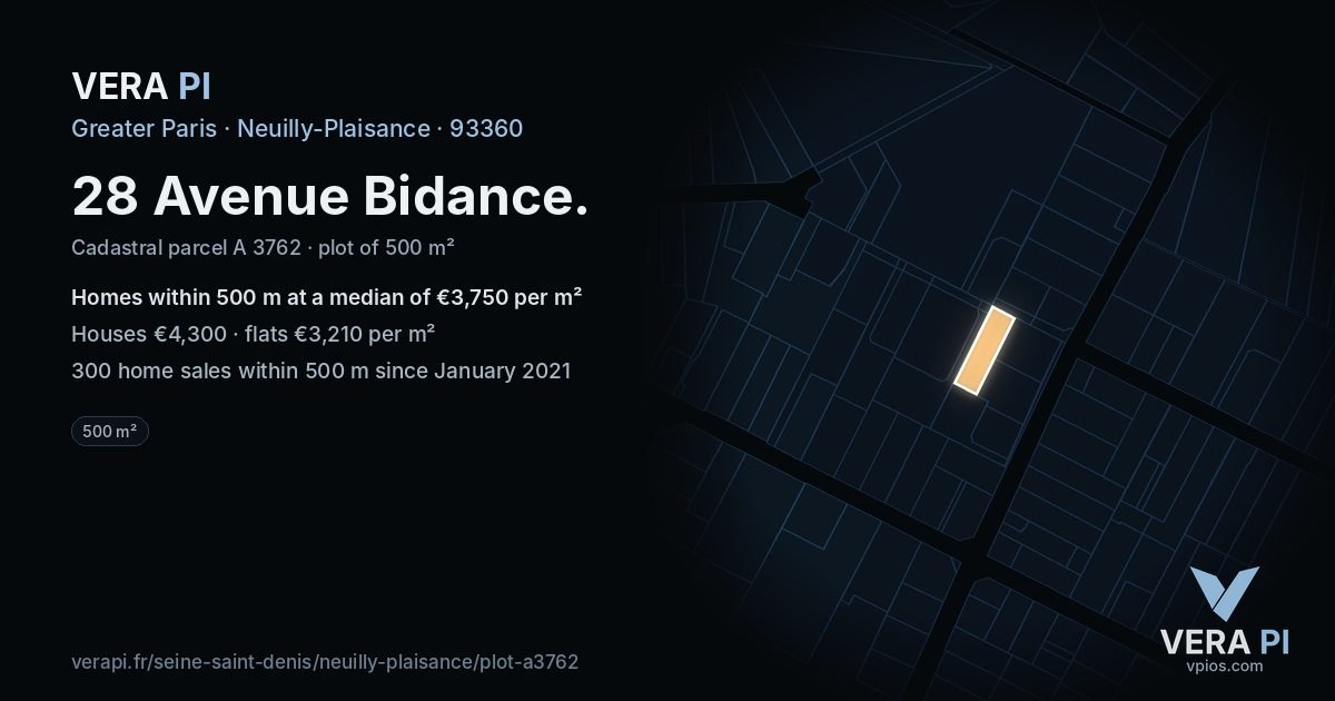 28 Avenue Bidance, Neuilly-Plaisance at night – the plot lit, the parcels around coloured by the prices near them