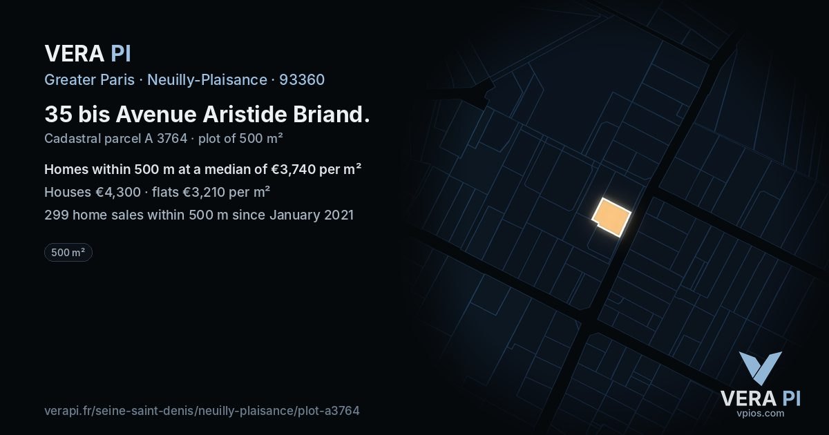 35 bis Avenue Aristide Briand, Neuilly-Plaisance at night – the plot lit, the parcels around coloured by the prices near them