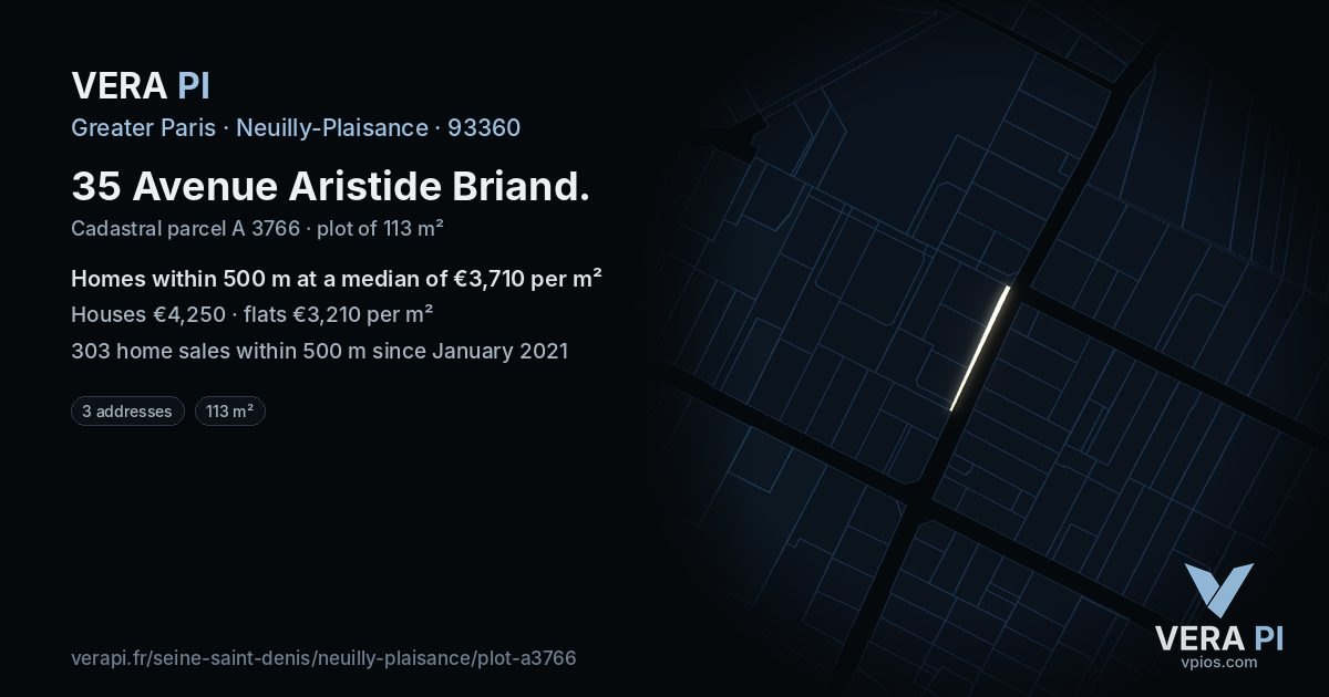 35 Avenue Aristide Briand, Neuilly-Plaisance at night – the plot lit, the parcels around coloured by the prices near them