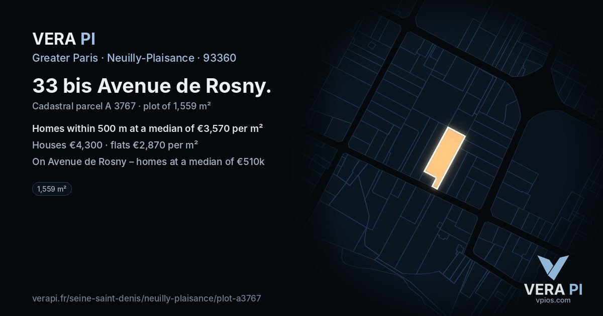 33 bis Avenue de Rosny, Neuilly-Plaisance at night – the plot lit, the parcels around coloured by the prices near them